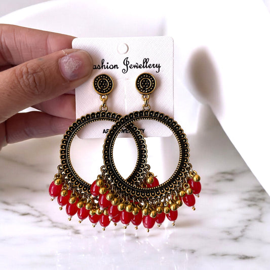 Golden Circle Oxidised Earring (Red Glass Beads) for Resin Art - ClartStudios - Polymer clay Jewellery