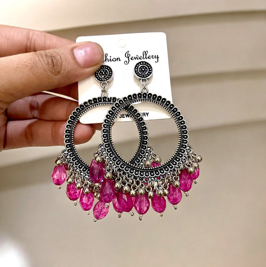 Silver Circle Oxidised Earring (Magenta Crystal Beads) For Resin Art - ClartStudios - Polymer clay Jewellery