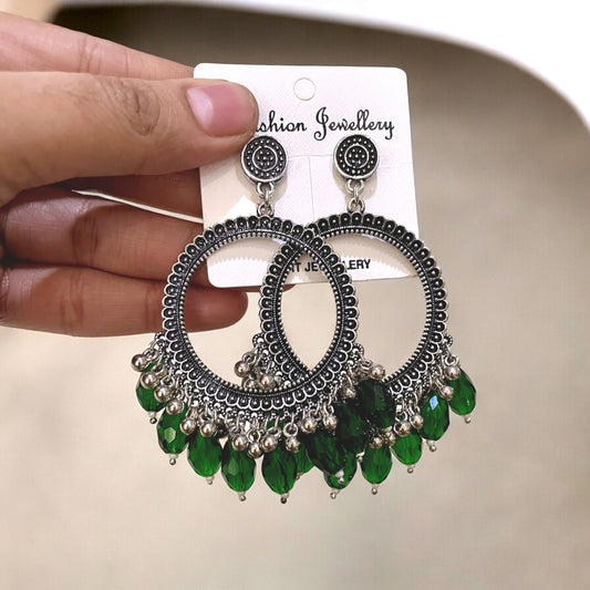 Silver Circle Oxidised Earring (Green Crystal Beads) For Resin Art - ClartStudios - Polymer clay Jewellery