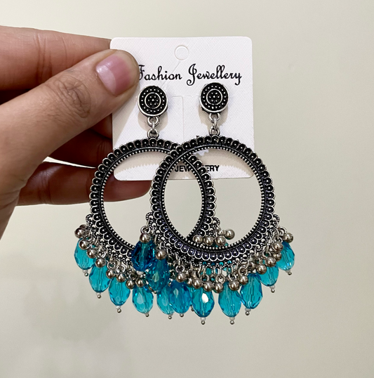 Silver Circle Oxidised Earring (Blue Crystal Beads) For Resin Art - ClartStudios - Polymer clay Jewellery
