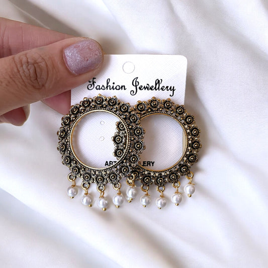 Golden Circle Stud Oxidised Earring (Pearl Beads) For Resin Art - ClartStudios - Polymer clay Jewellery