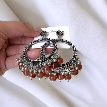 Silver Circle Oxidised Earring (Brown Beads) For Resin Art - ClartStudios - Polymer clay Jewellery