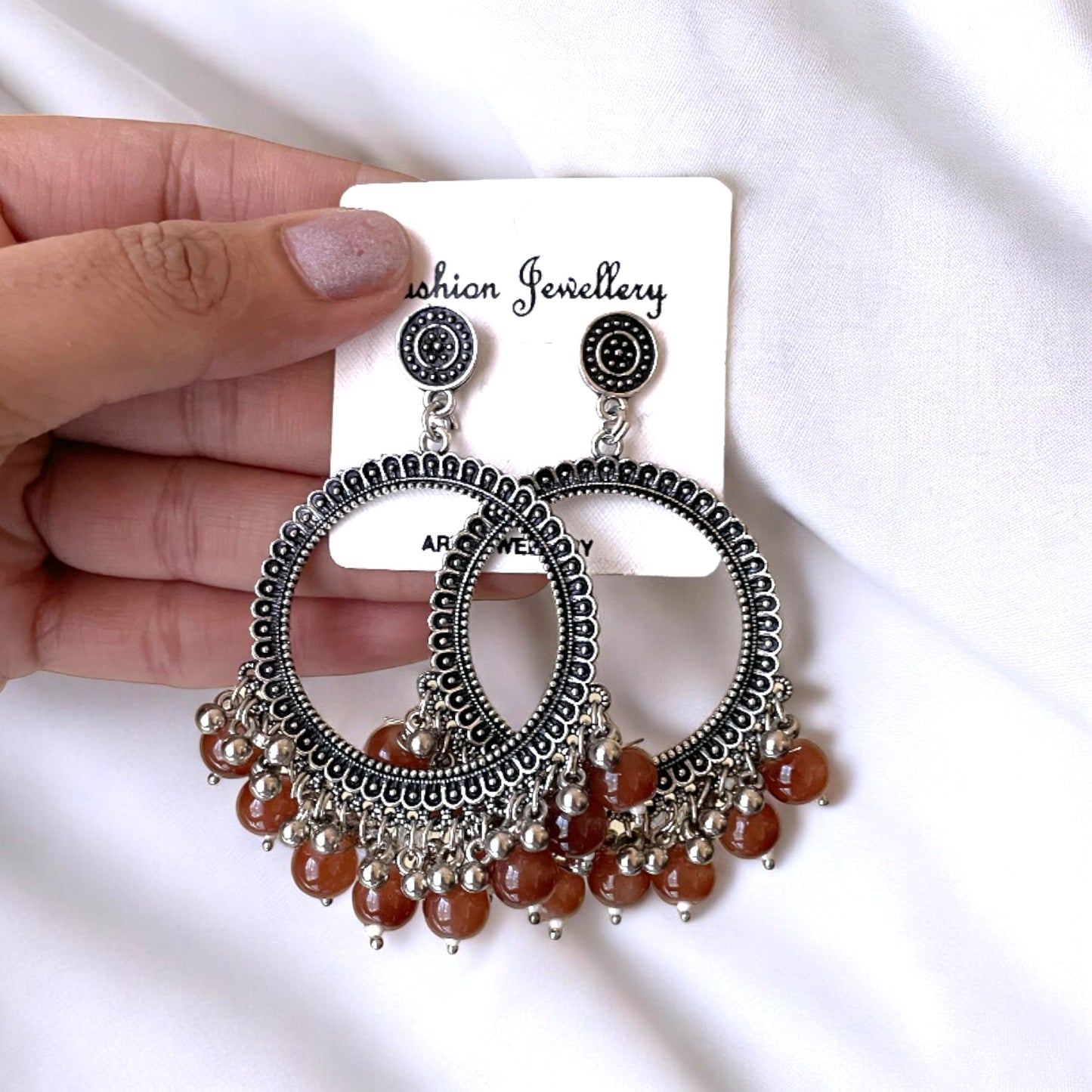 Silver Circle Oxidised Earring (Brown Beads) For Resin Art - ClartStudios - Polymer clay Jewellery