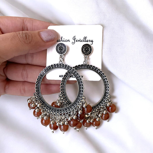 Silver Circle Oxidised Earring (Brown Beads) For Resin Art - ClartStudios - Polymer clay Jewellery