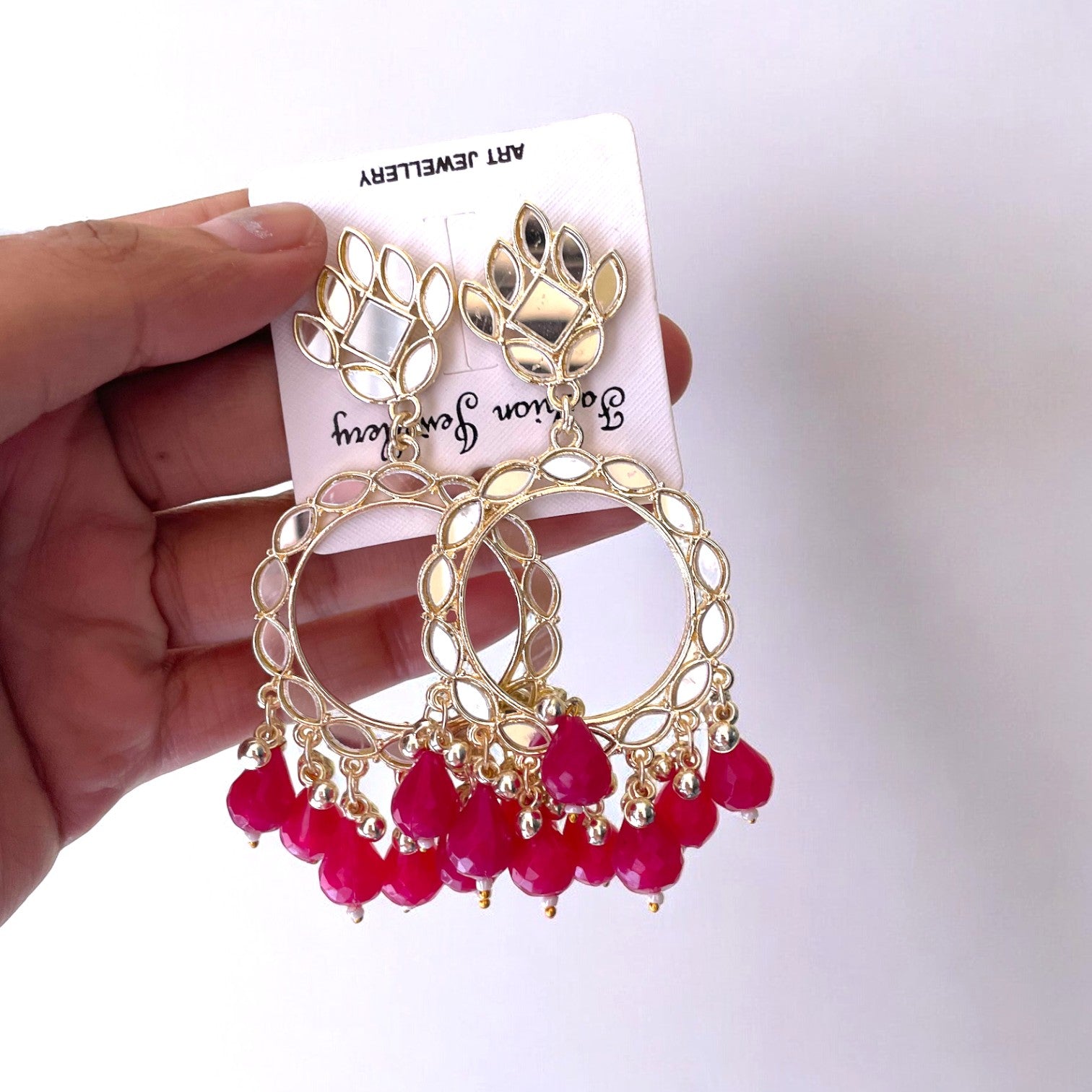 Fushia Acrylic Beads Light Gold Mirror Earring - ClartStudios - Polymer clay Jewellery