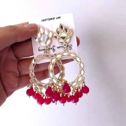 Fushia Acrylic Beads Light Gold Mirror Earring - ClartStudios - Polymer clay Jewellery