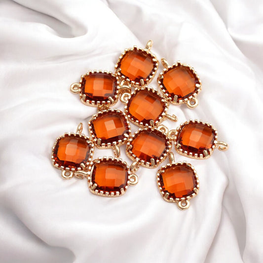 Dark Orange Small Rounded Square Hanging Glass Crystal (14mm * 9mm) (1pc) - ClartStudios - Polymer clay Jewellery