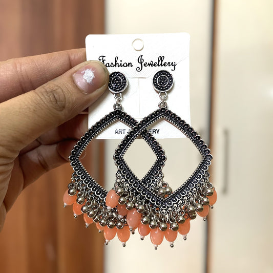 Silver Rhombus Oxidised Earring for Resin Art (Peach Glass Beads) - ClartStudios - Polymer clay Jewellery