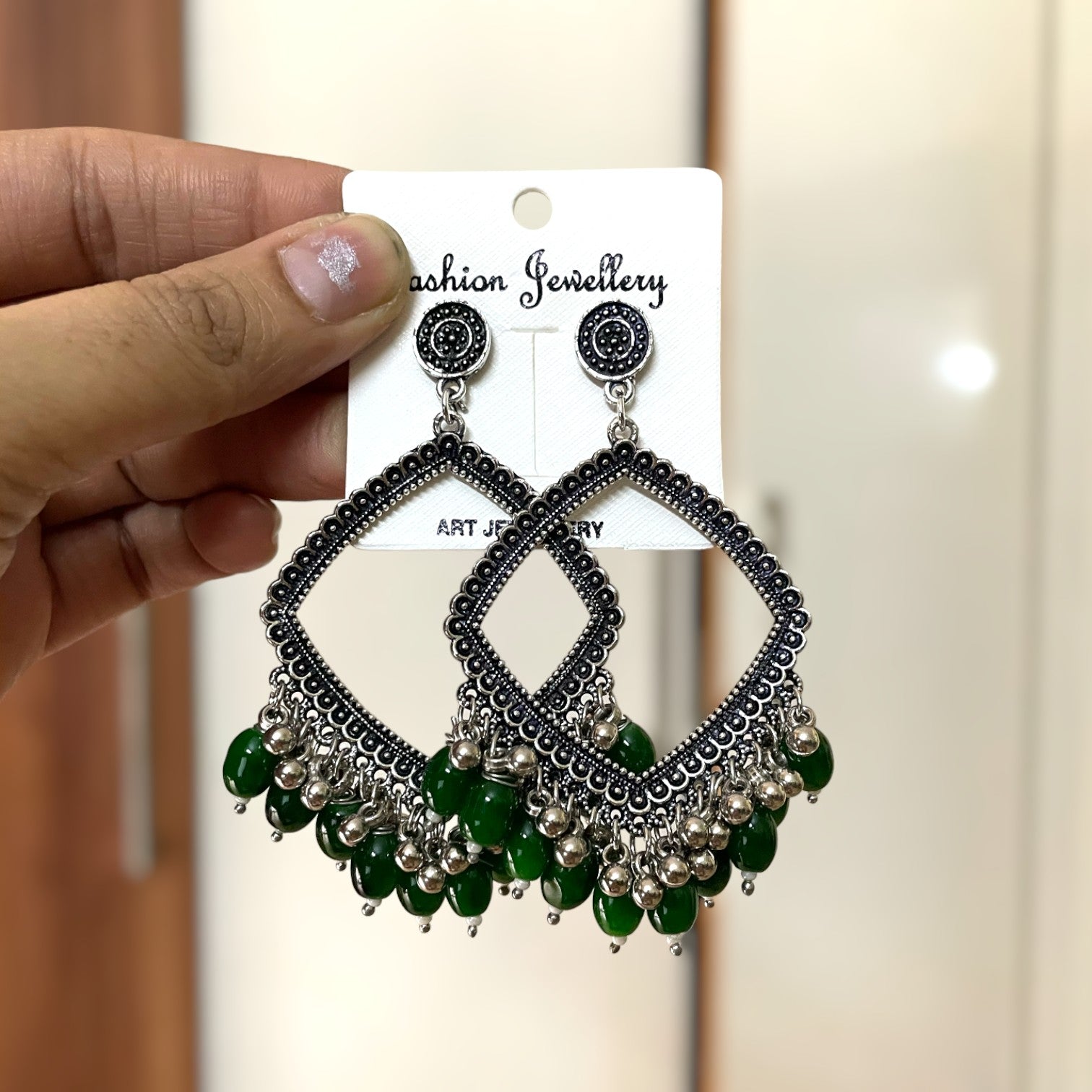 Silver Rhombus Oxidised Earring for Resin Art (Green Glass Beads) - ClartStudios - Polymer clay Jewellery