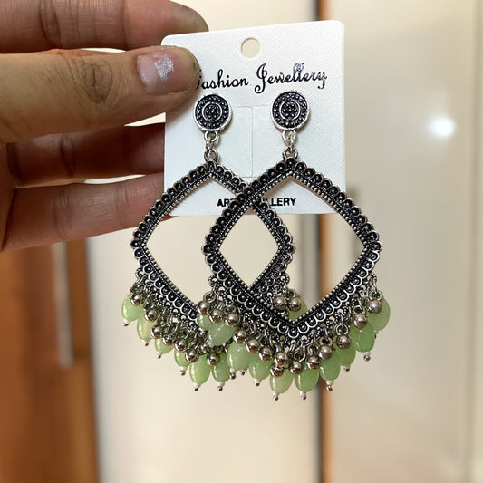 Silver Rhombus Oxidised Earring for Resin Art (Pastel Green Glass Beads) - ClartStudios - Polymer clay Jewellery