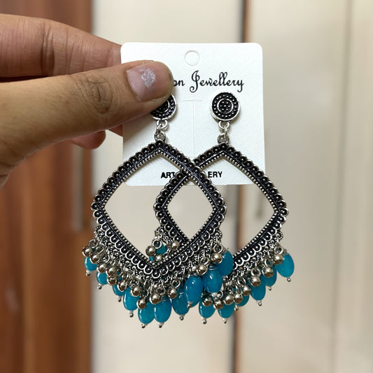 Silver Rhombus Oxidised Earring for Resin Art (Blue Glass Beads) - ClartStudios - Polymer clay Jewellery