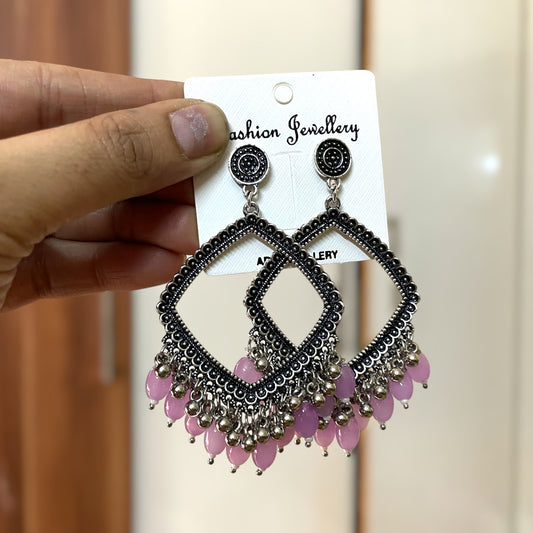 Silver Rhombus Oxidised Earring for Resin Art (Lilac Glass Beads) - ClartStudios - Polymer clay Jewellery