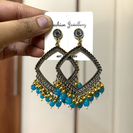 Golden Rhombus Oxidised Earring for Resin Art (Blue Glass Beads) - ClartStudios - Polymer clay Jewellery