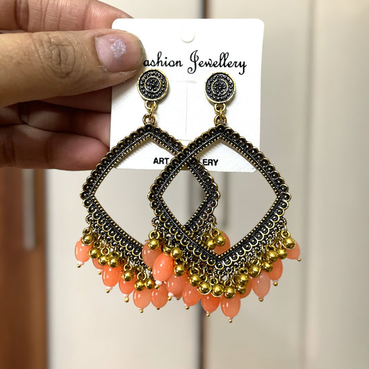 Golden Rhombus Oxidised Earring for Resin Art (Peach Glass Beads) - ClartStudios - Polymer clay Jewellery
