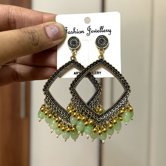 Golden Rhombus Oxidised Earring for Resin Art (Pastel Green Glass Beads) - ClartStudios - Polymer clay Jewellery