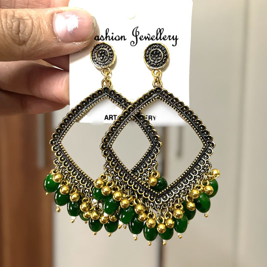 Golden Rhombus Oxidised Earring for Resin Art (Green Glass Beads) - ClartStudios - Polymer clay Jewellery