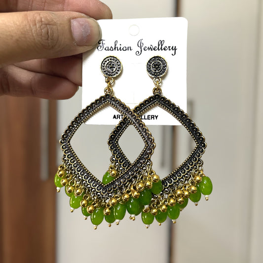 Golden Rhombus Oxidised Earring for Resin Art (Parrot Green Glass Beads) For Resin Art - ClartStudios - Polymer clay Jewellery