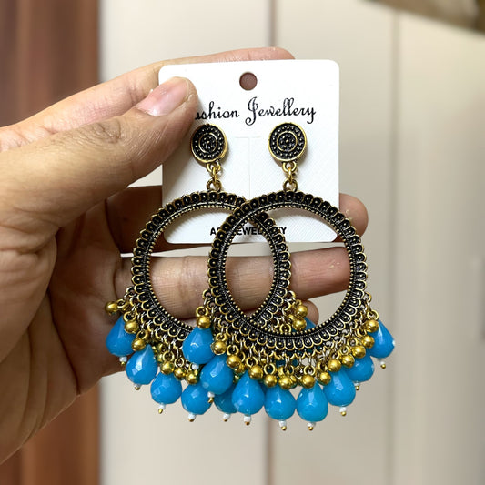 Golden Circle Oxidised Earring (Sky Blue Beads) for resin art - ClartStudios - Polymer clay Jewellery