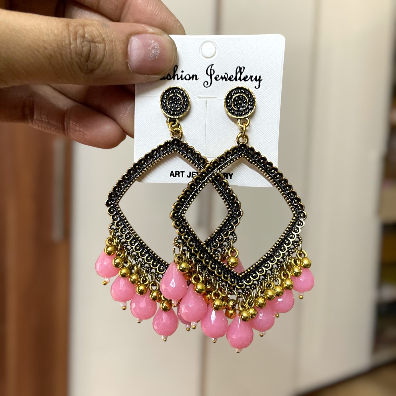 Golden Rhombus Oxidised Earring (Pink Beads) for resin art