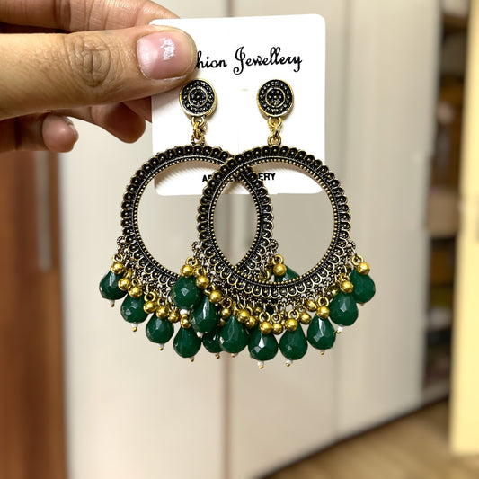 Golden Circle Oxidised Earring (Green Beads) for resin art - ClartStudios - Polymer clay Jewellery