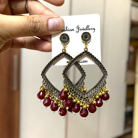 Golden Rhombus Oxidised Earring (Maroon Beads) for resin art - ClartStudios - Polymer clay Jewellery