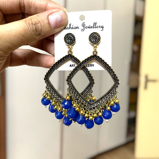 Golden Rhombus Oxidised Earring (Blue Beads) for Resin Art - ClartStudios - Polymer clay Jewellery