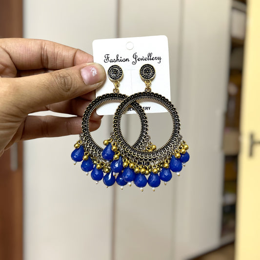 Golden Circle Oxidised Earring (Blue Beads) for resin art - ClartStudios - Polymer clay Jewellery