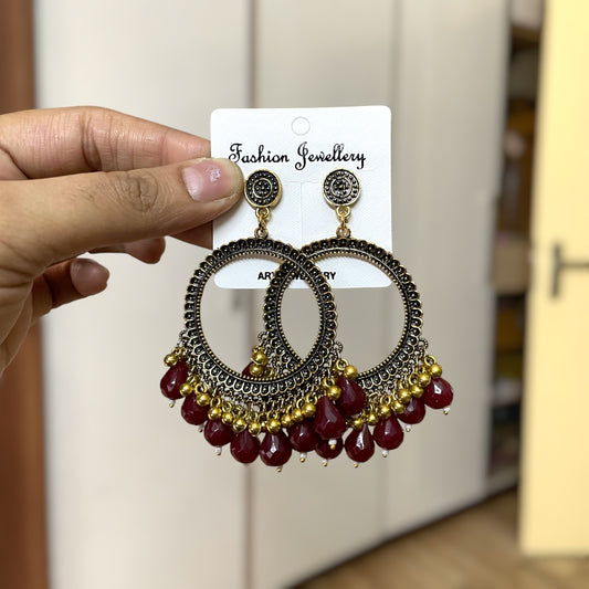Golden Circle Oxidised Earring (Maroon Beads) for resin art - ClartStudios - Polymer clay Jewellery