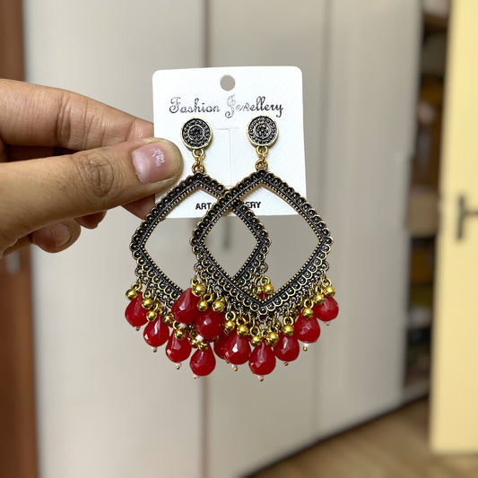 Golden Rhombus Oxidised Earring (Red Beads) for resin art - ClartStudios - Polymer clay Jewellery