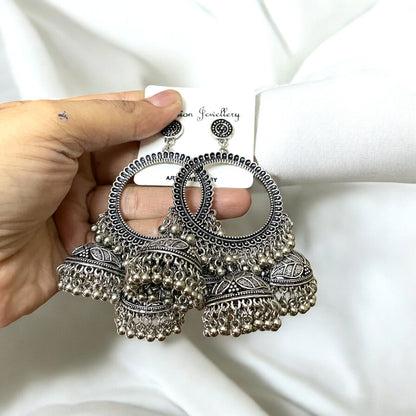 Tri Jhumka Silver Circle Oxidised Earring (XL) For Resin Art - ClartStudios - Polymer clay Jewellery