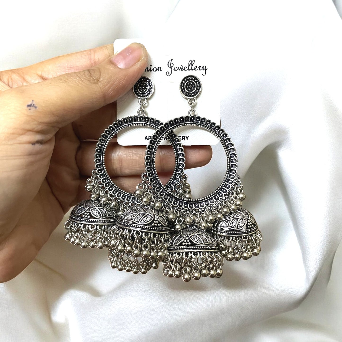 Tri Jhumka Silver Circle Oxidised Earring (XL) For Resin Art - ClartStudios - Polymer clay Jewellery