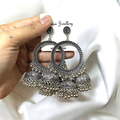 Tri Jhumka Silver Circle Oxidised Earring (XL) For Resin Art - ClartStudios - Polymer clay Jewellery