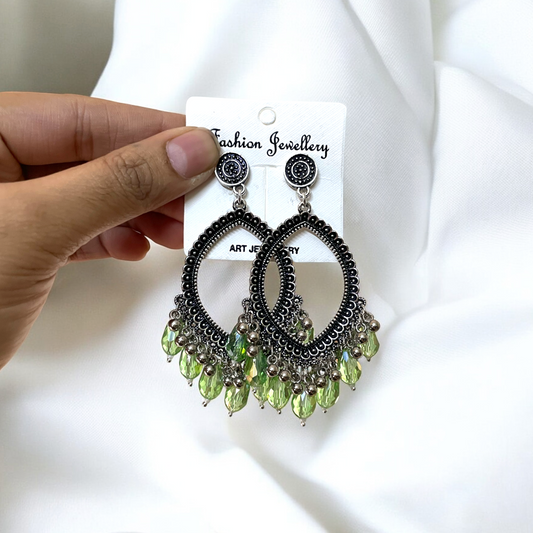 Silver Motif Oxidised Earring (Light Green Crystal Beads) For Resin Art - ClartStudios - Polymer clay Jewellery