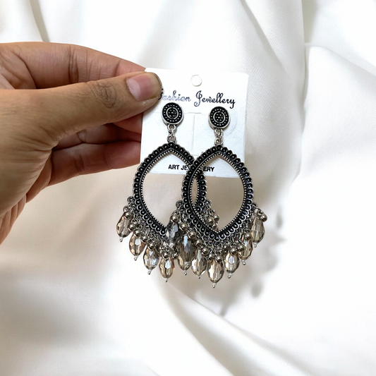 Silver Motif Oxidised Earring (Grey Crystal Beads) For Resin Art - ClartStudios - Polymer clay Jewellery