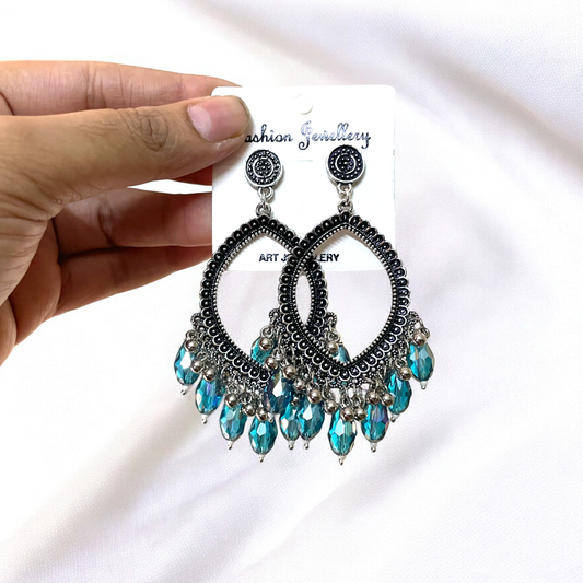 Silver Motif Oxidised Earring (Blue Crystal Beads) For Resin Art - ClartStudios - Polymer clay Jewellery