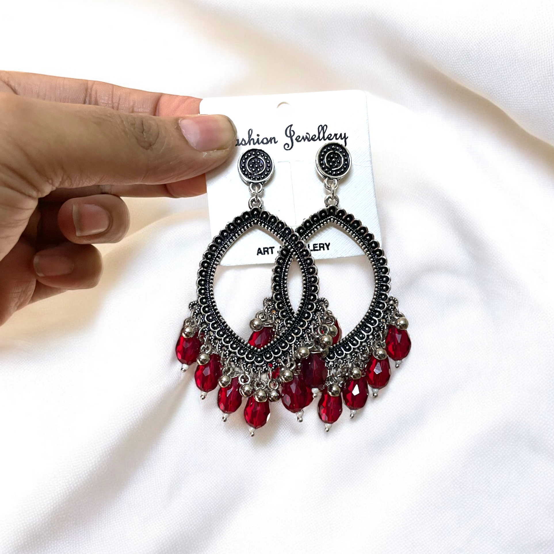 Silver Motif Oxidised Earring (Maroon Crystal Beads) For Resin Art - ClartStudios - Polymer clay Jewellery