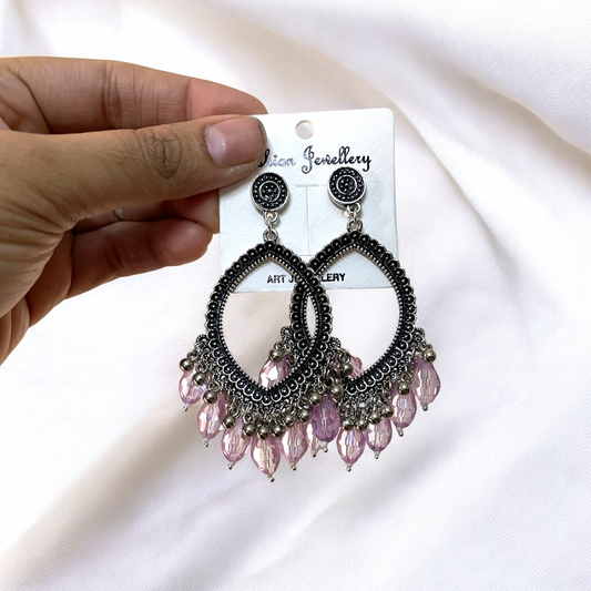 Silver Motif Oxidised Earring (Lilac Crystal Beads) For Resin Art - ClartStudios - Polymer clay Jewellery