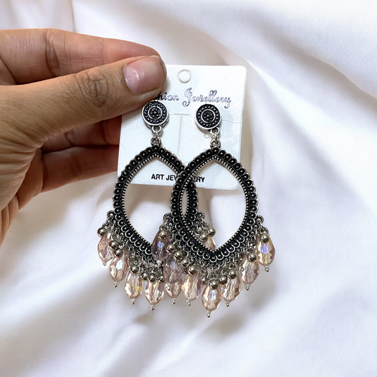 Silver Motif Oxidised Earring (Light Brown Crystal Beads) For Resin Art - ClartStudios - Polymer clay Jewellery