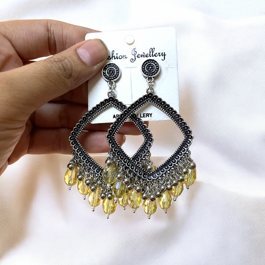 Silver Rhombus Oxidised Earring (Yellow Crystal Beads) For Resin Art - ClartStudios - Polymer clay Jewellery