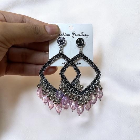 Silver Rhombus Oxidised Earring (Lilac Crystal Beads) For Resin Art - ClartStudios - Polymer clay Jewellery