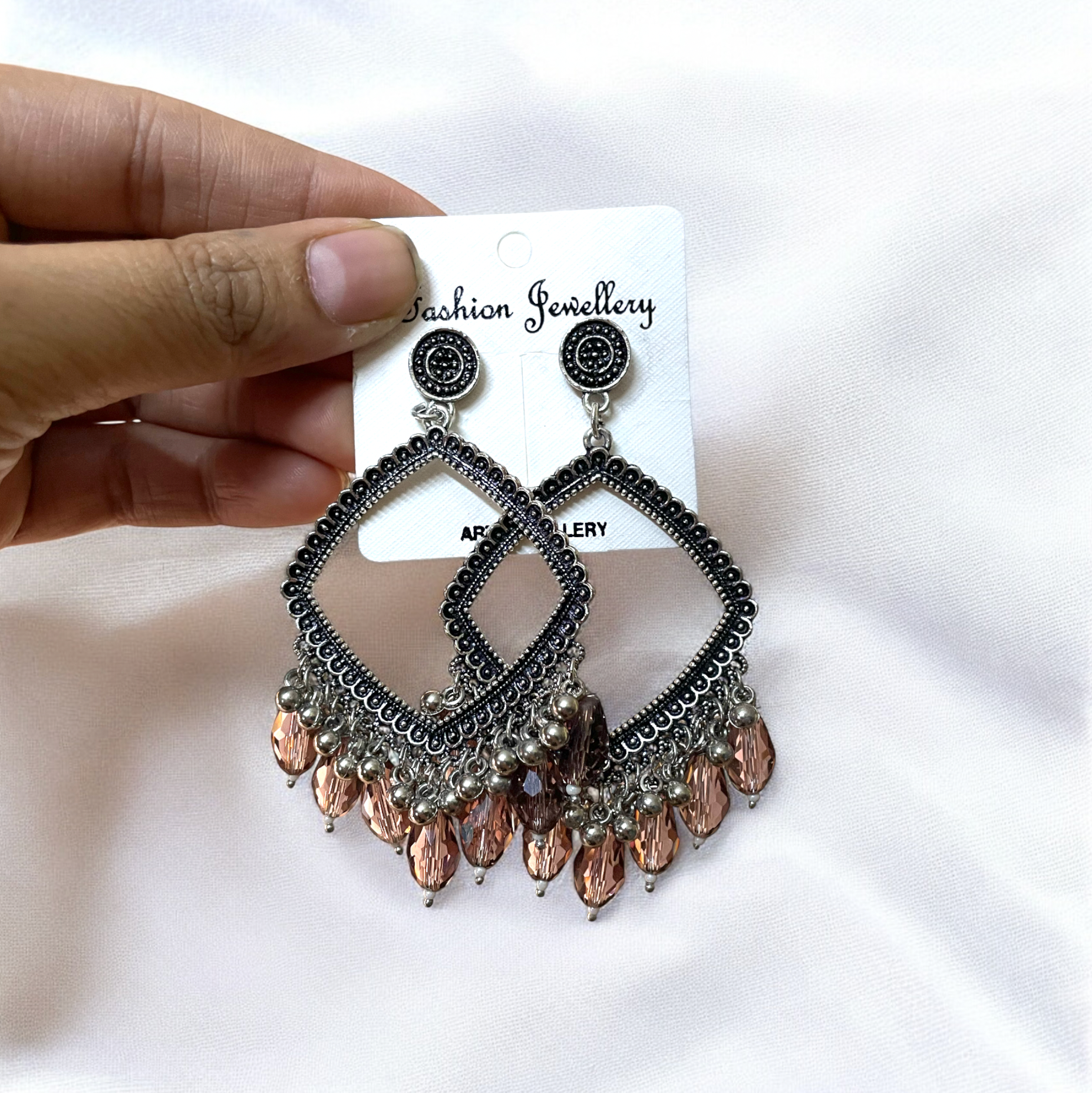 Silver Rhombus Oxidised Earring (Wine Brown Crystal Beads) For Resin Art - ClartStudios - Polymer clay Jewellery