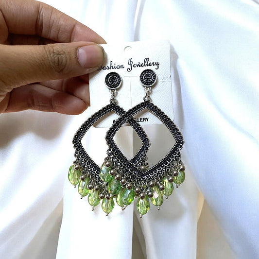 Silver Rhombus Oxidised Earring (Light Green Crystal Beads) For Resin Art - ClartStudios - Polymer clay Jewellery