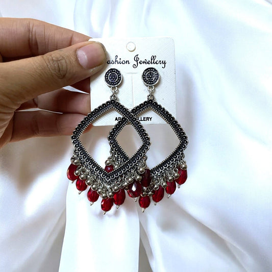 Silver Rhombus Oxidised Earring (Maroon Crystal Beads) For Resin Art - ClartStudios - Polymer clay Jewellery