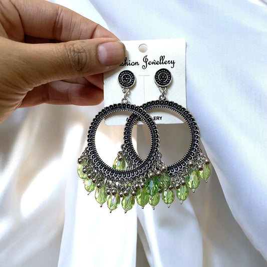 Silver Circle Oxidised Earring (Green Crystal Beads) For Resin Art - ClartStudios - Polymer clay Jewellery