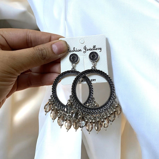 Silver Circle Oxidised Earring (Grey Crystal Beads) For Resin Art - ClartStudios - Polymer clay Jewellery