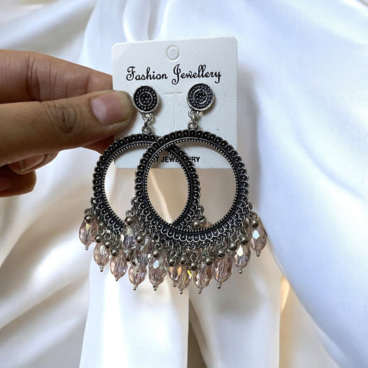 Silver Circle Oxidised Earring (Brown Crystal Beads) For Resin Art - ClartStudios - Polymer clay Jewellery