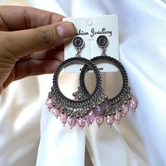 Silver Circle Oxidised Earring (Lilac Crystal Beads) For Resin Art - ClartStudios - Polymer clay Jewellery