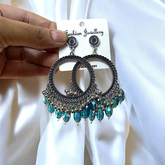 Silver Circle Oxidised Earring (Blue Crystal Beads) For Resin Art - ClartStudios - Polymer clay Jewellery