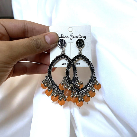 Silver Motif Oxidised Earring (Orange Glass Beads) For Resin Art - ClartStudios - Polymer clay Jewellery