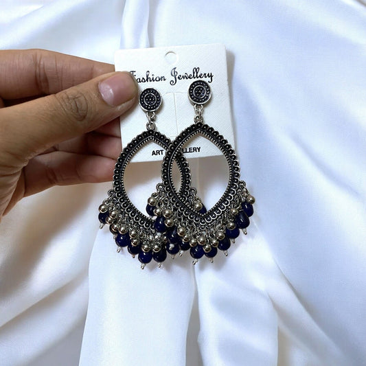 Silver Motif Oxidised Earring (Navy Blue Glass Beads) For Resin Art - ClartStudios - Polymer clay Jewellery